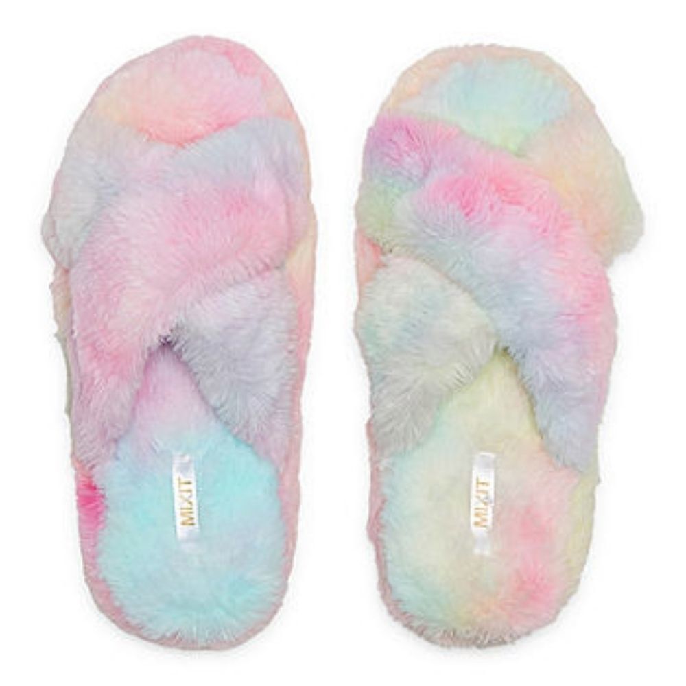 Women's Plush Flirtitude Tie Dye Cross Slip-On Slippers